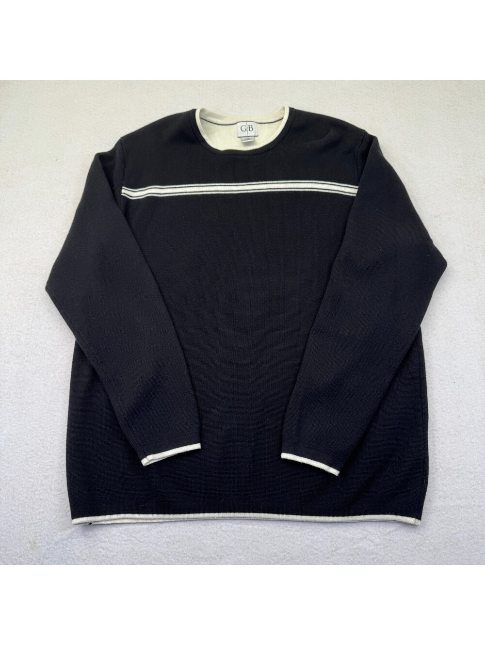 Geoffrey Beene Sweater Mens Large Black White Stripe Crewneck Cotton Blend